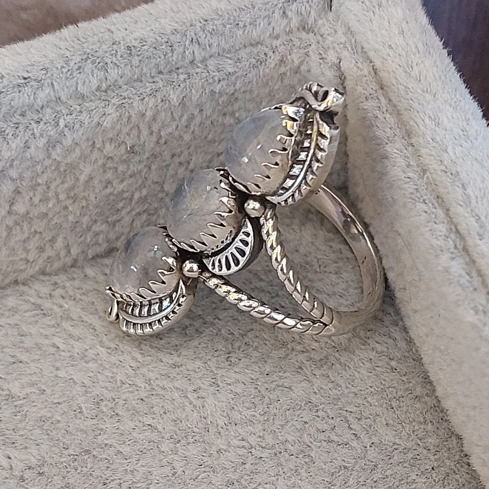 Triple Moonstone Solid Sterling Silver Ring